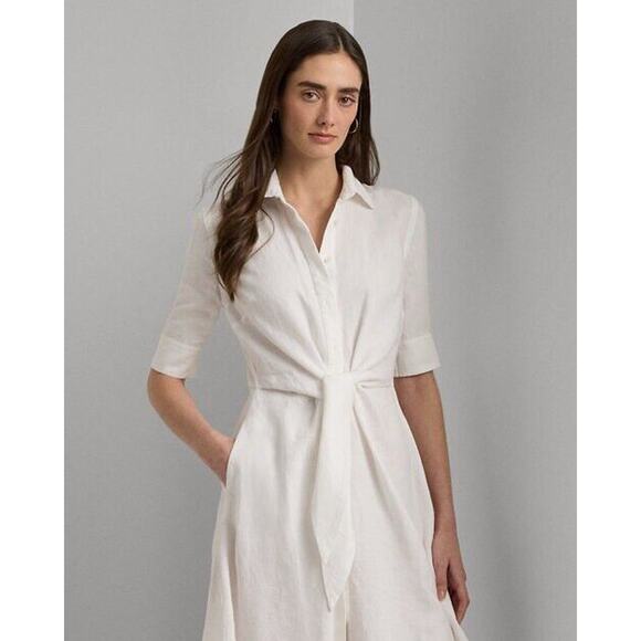 LAUREN RALPH LAUREN 100% Linen Fit & Flare Shirtdress 20W White Pockets NWT - Picture 3 of 10